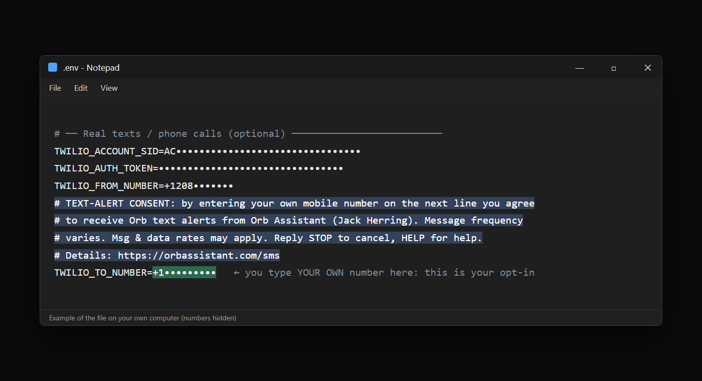 The .env file on your own computer, with the text-alert consent message directly above the line where you type your own mobile number